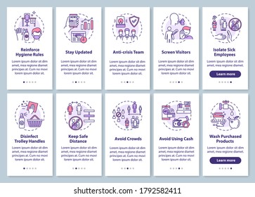 Virus protection guidelines onboarding mobile app page screen with concepts set. Prevention spread of covid walkthrough 5 steps graphic instructions. UI vector template with RGB color illustrations