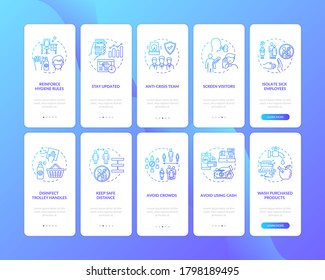 Virus protection guidelines onboarding mobile app page screen with concepts set. Isolation patients with covid walkthrough 5 steps graphic instructions. UI vector template with RGB color illustrations