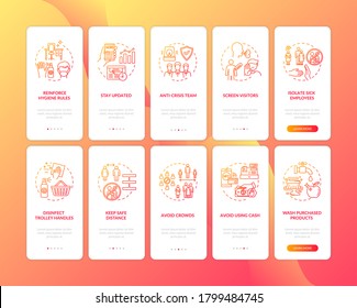Virus protection guidelines onboarding mobile app page screen with concepts set. Stop spread of coronavirus walkthrough 5 steps graphic instructions. UI vector template with RGB color illustrations
