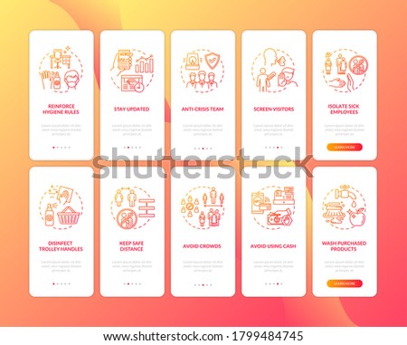 Virus protection guidelines onboarding mobile app page screen with concepts set. Stop spread of coronavirus walkthrough 5 steps graphic instructions. UI vector template with RGB color illustrations