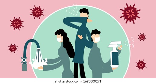 Virus protection. Hand washing. Sneezing. Disinfection. Humans fight the spread of the virus. Flat illustration.