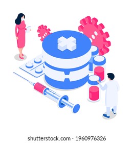 Virus protection and health care concept. Doctor, girl in face mask, medicines, viruses, syringe and ampoules icons.Isometric vector illustration. Isolated on white background.