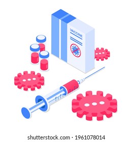 Virus protection and health care concept. Medicines, viruses, syringe and ampoules icons.Isometric vector illustration. Isolated on white background.