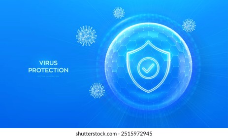 Proteção contra vírus. Saúde. Vacinação. Célula do vírus. Antibiótico. Escudo de proteção com ícone de marca de verificação dentro do escudo de esfera transparente com padrão hexágono no fundo azul. Ilustração vetorial.