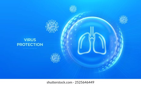 Proteção contra vírus. Saúde. Vacinação. Célula do vírus. Antibiótico. Escudo de proteção com ícone de marca de verificação dentro do escudo de esfera transparente com padrão hexágono no fundo azul. Ilustração vetorial.