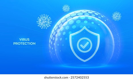 Virus protection. Healthcare. Vaccination. Virus cell. Antibiotic. Protection shield with Check mark icon inside transparent sphere shield with hexagon pattern on blue background. Vector illustration.