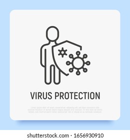 Virus protection: human is holding shield, bacterias can't attack him. Immune system, vaccination, antibiotics. Thin line icon. Modern vector illustration.