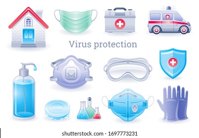 Virenschutzsymbol. Corona-Virus Covid-Präventions-Sammlung, medizinische ppe Element Set. Seifenflasche, Atemmaske, Krankenwagen, Handschuhe. Coronavirus-Vektorillustration, einzelne weißer Hintergrund