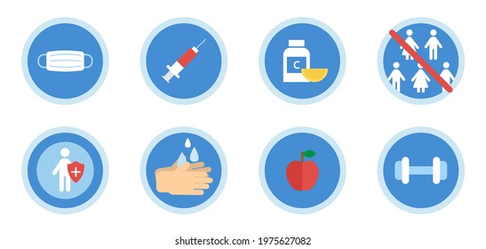 Virus protection icon set. Coronavirus disease warning. Wash hands, wearing mask, vaccine, vitamins, sport, strong immunity, avoid crowd symbol. Medical concept. Vector illustration.