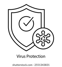 Ícone de proteção contra vírus - Blindagem com micróbio que representa a defesa contra malware e ameaças cibernéticas.