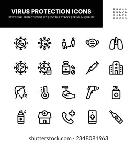 Virus protection icons set in 32 x 32 pixel perfect with editable stroke