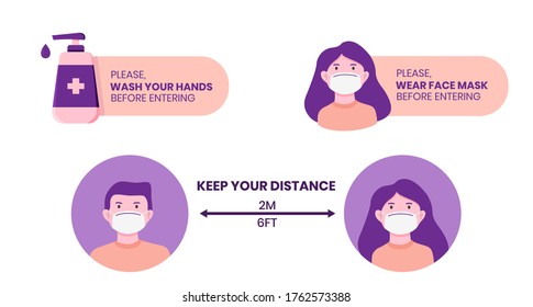 Virus protection instructional sign. set of 3 illustration for virus prevention tips, washing hands, wear a mask, keep the distance. Flat style illustration for healthcare educational information