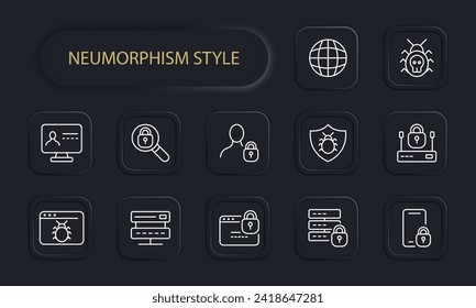 Virus protection line icon. Beetle, hacker, magnifying glass, monitor, site, threat, security, server, password, protection. Neomorphism style. Vector line icon for business and advertising