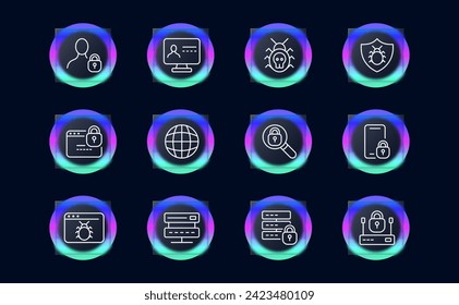 Symbol für die Virenschutzlinie eingestellt. Antivirus, Hacker, Sicherheit, Daten, Computer, Smartphone, Elektronik. Brillmorphismus-Stil. Vektorsymbol für Unternehmen und Werbung