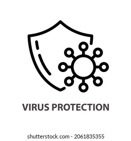Lineares Symbol für den Virenschutz. Umriss einfache Vektorgrafik gefährlicher Bakterien mit Schutzschild. Contour einzeln auf weißem Hintergrund