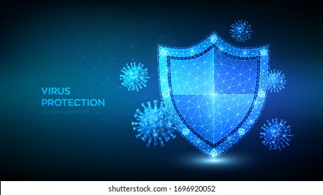  Virenschutz. Low-Polygonal-Schild und Covid-19-Viruszellen. Sicherheitskonzept Coronavirus 2019-nCoV Mikrobiologie und Medizin. Antibiotikum, Impfung gegen Coronavirus. Vektorillustration.