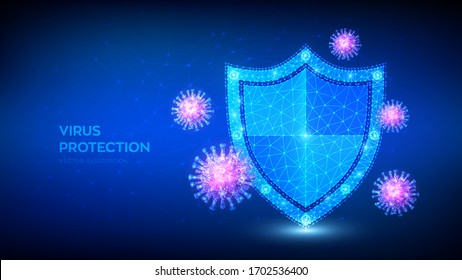 Virus protection. Low polygonal shield and Covid-19 virus cells. 