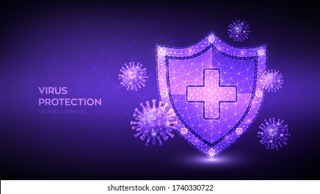 Virus protection. Low polygonal shield and Covid-19 virus cells. Coronavirus 2019-nCoV safety concept. Microbiology and medicine. Antibiotic, vaccination against coronavirus. Vector illustration.