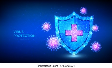 Virus protection. Low polygonal shield and Covid-19 virus cells. Coronavirus 2019-nCoV safety concept. Microbiology and medicine. Antibiotic, vaccination against coronavirus. Vector illustration.