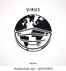 virus protection mask, the concept of spreading the virus around the planet, the planet in a protective mask