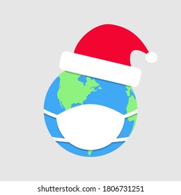 Virus Protection mask for Earth. Mask for earth. Earth globe with mask and claus hat in flat design. Christmas. Coronavirus. Protection Earth. Vector illustration