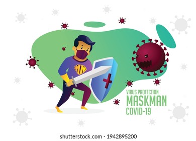 Virus protection mask man Covid-19 banner design. Vector graphic illustration.