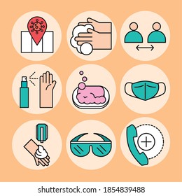 virus protection, measures prevention include wash hands, keep social distance and more icons vector illustration line and fill icon