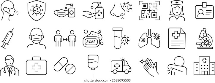 Virus Protection and Medical Safety Icons. Thin line symbols for healthcare and hygiene.