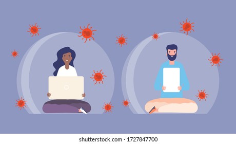 Virus protection. People in transparent bubbles with laptop. Coronavirus isolation period, quarantine and global pandemic. Man woman health protect vector illustration