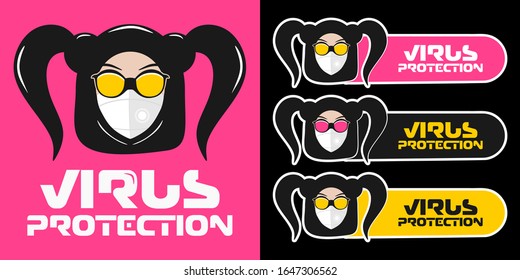 Virus Protection. Positive Protection. Brand identity. Modern design. Sticker. Girl in a respirator. Infection protection. Glasses and mask. Virus Safety Sign. Virus free. covid-19 Fashion.