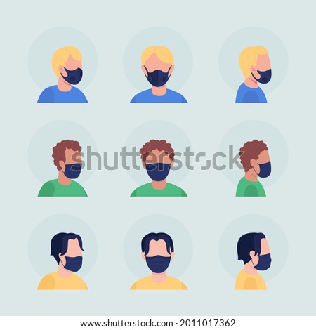 Virus protection semi flat color vector character avatar with mask set. Portrait with respirator from front, side view. Isolated modern cartoon style illustration for graphic design and animation pack