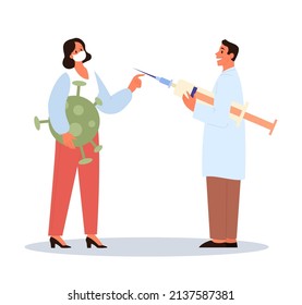 Virus protection set. Dangerous viruses and bacteria barrier. Vaccine development. Corona virus pandemic combating, scientist working with infectious disease. Flat vector illustration