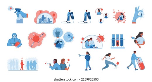 Virus protection set. Dangerous viruses and bacteria barrier. Vaccine development. Corona virus pandemic combating, scientist working with infectious disease. Flat vector illustration