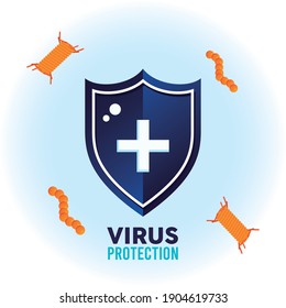 protección contra virus blindaje con bacterias partículas color naranja y letras de ilustración vectorial diseño