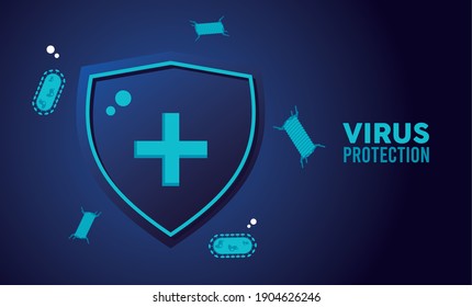 virus protection shield with bacteriums particles color blue vector illustration design