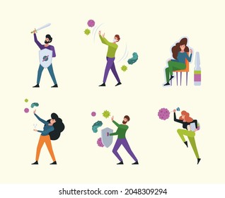 Virus protection. Shield from covid viruses medical dangerous safety concept people adults bacteria fighting good immunity system garish vector flat illustrations