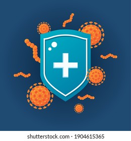 virus protection shield with covid19 particles color orange vector illustration design