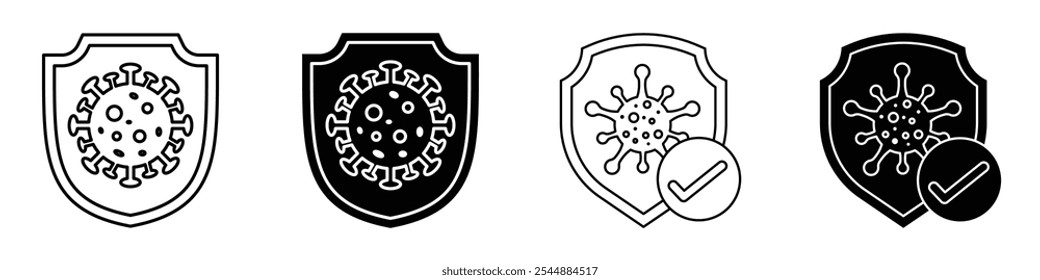 Coleção de ícones de escudo de proteção contra vírus em preto e branco e estilo de vetor sólido.