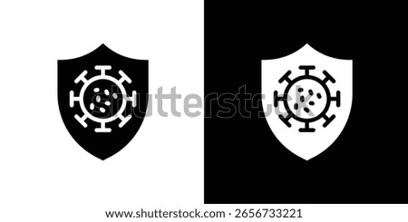 Virus protection shield icon in flat black solid vector set