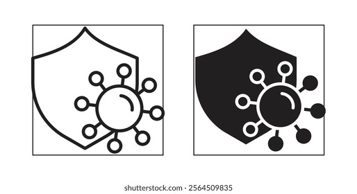 Virus protection shield icons in flat and line style set.