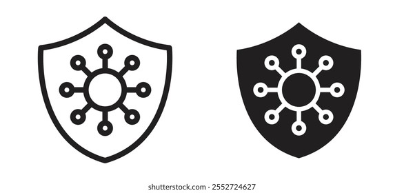 Virus protection shield vector icon set black filled and outlined style.