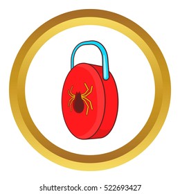 Virus protection sign vector icon in golden circle, cartoon style isolated on white background