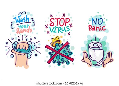 Virus protection stickers. Cartoons badges with washing hand by soap with bubbles, virus with crown and toilet paper with hand drawn text for labels, poster, banner, template card, print. Vector