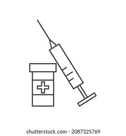 Virus protection. Syringe and bottle of vaccine, outline vector illustration. 
