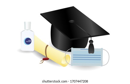 Virus protection theme, hand sanitizer and medical mask, realistic vector illustration, graduation and quarantine, graduate cap and diploma