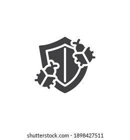 Virus protection vector icon. filled flat sign for mobile concept and web design. Security shield and virus bug glyph icon. Symbol, logo illustration. Vector graphics