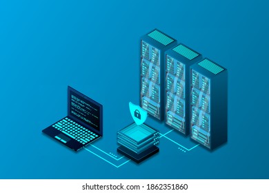 Virus protection vector illustration. Computer protection by antivirus software. Internet security. Cyber attack on the computer. Isometric concept. Vector illustration