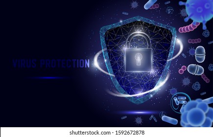 Virus protection vector poster banner template. Security shield with padlock, low poly wireframe mesh. Antivirus, data security polygonal art style illustration.