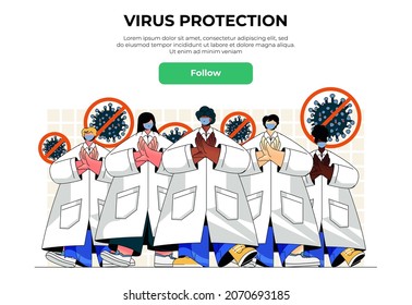 Virus protection web banner concept. Doctors in white coats and medical masks protect against disease, stop pandemic spread, landing page template. Vector illustration with people scene in flat design