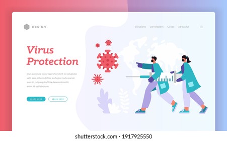 Virus protection. Website banner landing page template. Vector illustration of cartoon male and female doctors in masks carrying syringe with vaccine while pursuing and fighting coronavirus germs